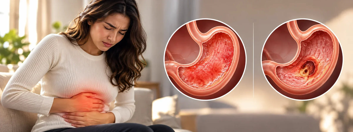 a female holding her stomach due to pain