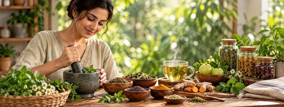 a women mixing ayurvedic medicines 