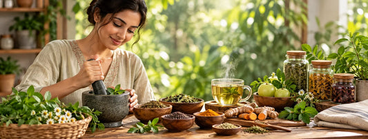 a women mixing ayurvedic medicines 