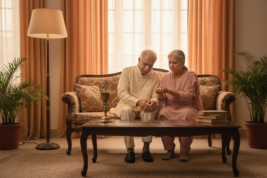 Old couple sitting on sofa having join pain