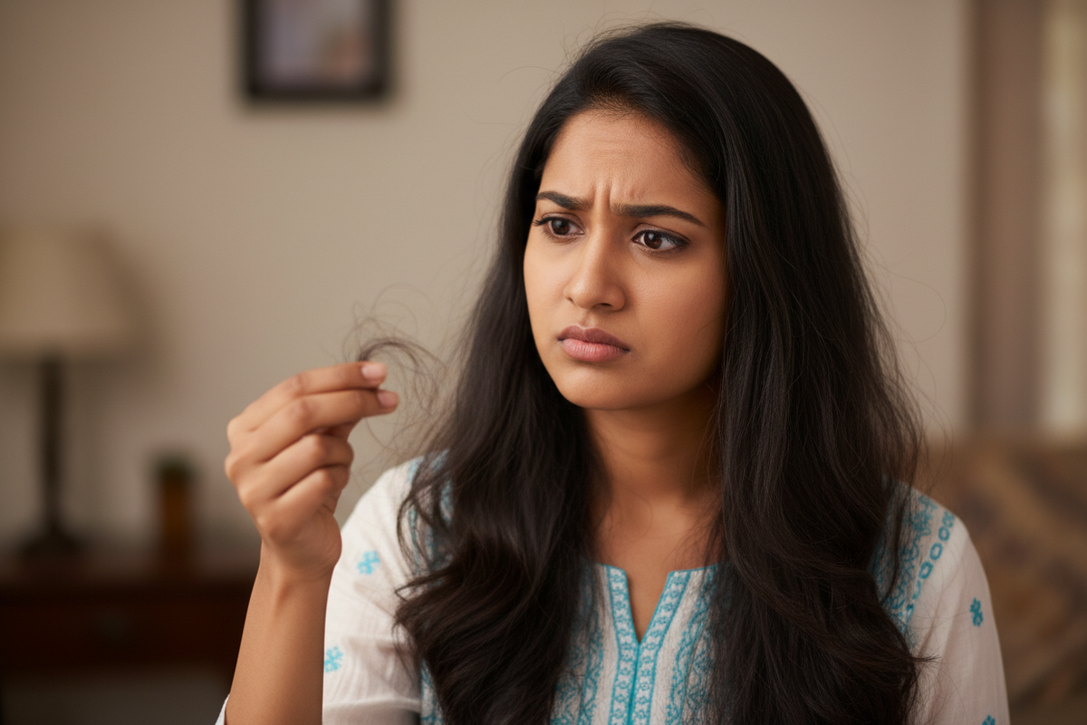 indian woman tensed after hair fall