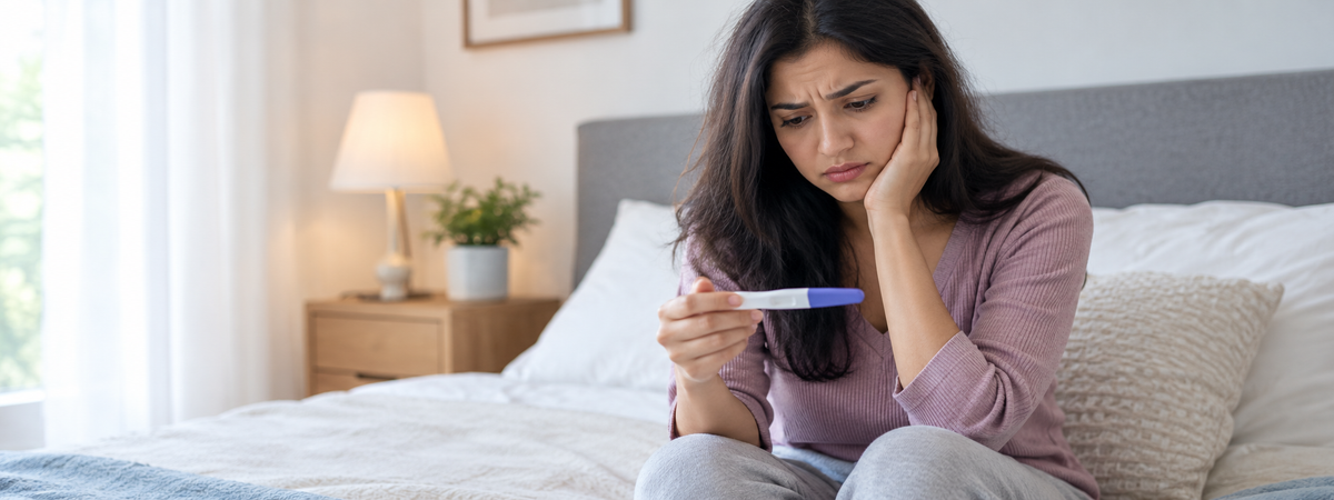 Upset woman sitting with pregnancy testing kits