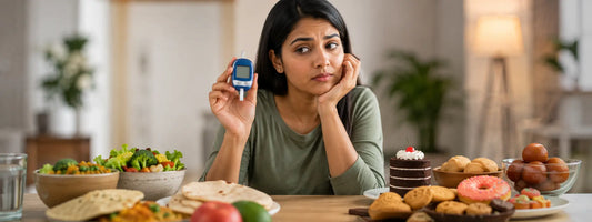 woman with glucose monitor in hand with vegetable and food on table